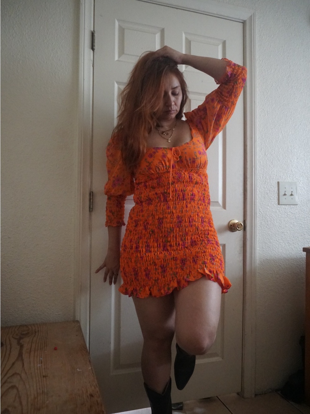 For Love And Lemons Orange Smocked Mini Dress with Puff Sleeves